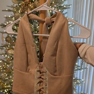 SHEIN Camel Halter Top with Lace-Up Detail